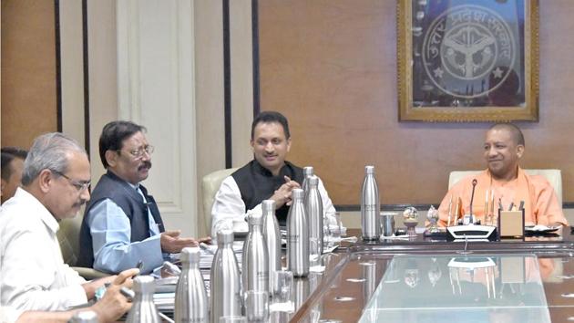 Adityanath was served water from a steel flask when he was chairing a state cabinet meeting.(HT Photo)