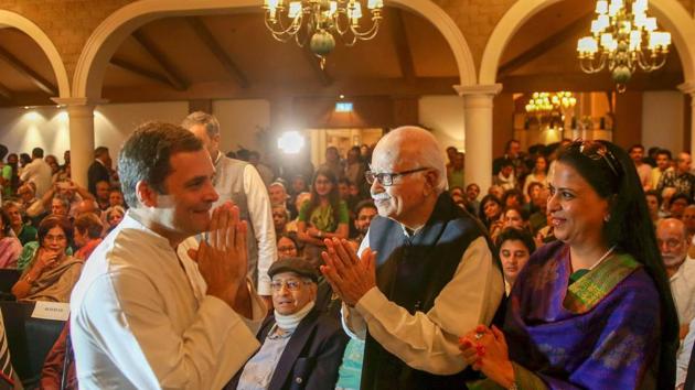 Congress president Rahul Gandhi (L) greets senior BJP leader LK Advani during a book launch in New Delhi on Wednesday. (PTI photo) Congress president Rahul Gandhi (L) greets senior BJP leader LK Advani during a book launch in New Delhi on Wednesday. (PTI photo)