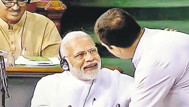 Prime Minister Narendra Modi and Congress president Rahul Gandhi in Lok Sabha, July 20(PTI) Prime Minister Narendra Modi and Congress president Rahul Gandhi in Lok Sabha, July 20(PTI)