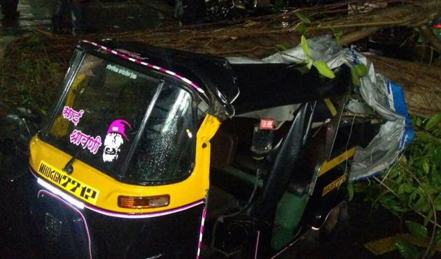 The tree also damaged an auto and a bike. (Praful Gangurde) The tree also damaged an auto and a bike. (Praful Gangurde)