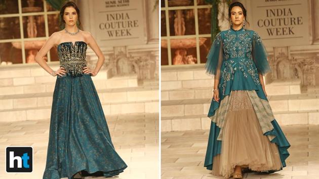 She paired an emerald green lehenga with a embellished long-kurta in a lighter tone. This added a whole new dimension to the outfit. (Raajessh Kashyap/HT Photo)