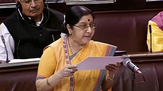 Sushma Swaraj told the Rajya Sabha the number of visas has actually gone up from 1,08,000 in 2014 to 1,29,000 in 2018.(PTI)