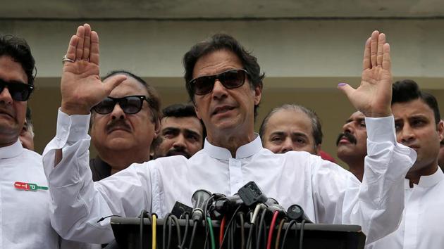 ricket star-turned-politician Imran Khan, chairman of Pakistan Tehreek-e-Insaf (PTI), addressing media after casting his vote at a polling station during the general election in Islamabad on July 25, 2018.(Reuters Photo)