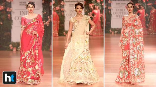 Jaikishan’s sarees had a softer look with iridescent and shiny organza and sheer fabrics that were playfully finished with a variety of tassels and fringes. (Raajessh Kashyap/HT Photo) Jaikishan’s sarees had a softer look with iridescent and shiny organza and sheer fabrics that were playfully finished with a variety of tassels and fringes. (Raajessh Kashyap/HT Photo)