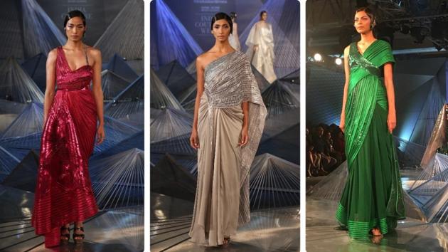 Staying true to his signature style of structured outfits with geometric designs, Amit Aggarwal’s collection stood out for his take on the ever-popular saree gown.