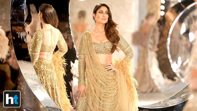 Kareena Kapoor Khan wore a glittery Falguni Shane Peacock lehenga at India Couture Week 2018.(Raajessh Kashyap/HT Photo)