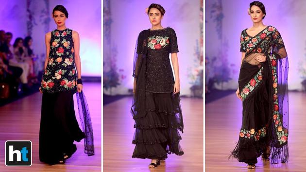 Sleek lamè skirts and shararas with glimmering decorative folds paired well with all-over floral embroidered kurtas and made a bold statement at Jaikishan’s show. . (Raajessh Kashyap/HT Photo) Sleek lamè skirts and shararas with glimmering decorative folds paired well with all-over floral embroidered kurtas and made a bold statement at Jaikishan’s show. . (Raajessh Kashyap/HT Photo)
