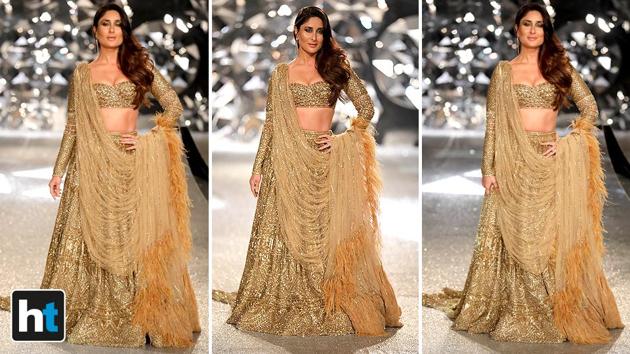 Kareena’s dreamy ensemble comprised a voluminous, crystal work embedded A-line lehenga with a train, a matching full-sleeved choli with a plunging neckline and a shimmery nude dupatta with feathery flourishes. (Raajessh Kashyap/HT Photo) Kareena’s dreamy ensemble comprised a voluminous, crystal work embedded A-line lehenga with a train, a matching full-sleeved choli with a plunging neckline and a shimmery nude dupatta with feathery flourishes. (Raajessh Kashyap/HT Photo)