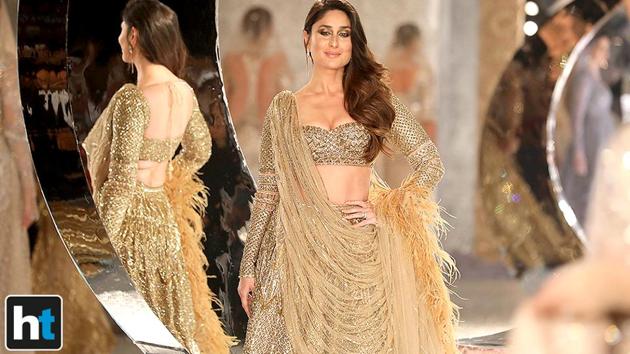 Actor Kareena Kapoor Khan looked like a dazzling bride when she turned showstopper in an exquisite gold lehenga for designers Falguni Shane Peacock on the second day of the India Couture Weeek 2018 in Delhi on Thursday. (Raajessh Kashyap/HT Photo) Actor Kareena Kapoor Khan looked like a dazzling bride when she turned showstopper in an exquisite gold lehenga for designers Falguni Shane Peacock on the second day of the India Couture Weeek 2018 in Delhi on Thursday. (Raajessh Kashyap/HT Photo)