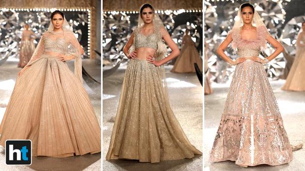The entire collection can easily translate to pre-wedding and post-wedding party outfits, thanks to the bold use of metallic hues and shimmering details. (Raajessh Kashyap/HT Photo) The entire collection can easily translate to pre-wedding and post-wedding party outfits, thanks to the bold use of metallic hues and shimmering details. (Raajessh Kashyap/HT Photo)