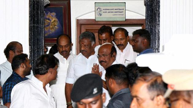 Tamil Nadu deputy chief Minister O Panneerselvam and other senior ministers leave after calling on with DMK working president MK Stalin following his father M Karunanidhi's ill health . (PTI Photo) Tamil Nadu deputy chief Minister O Panneerselvam and other senior ministers leave after calling on with DMK working president MK Stalin following his father M Karunanidhi's ill health . (PTI Photo)
