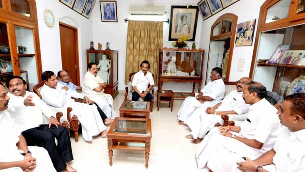 Tamil Nadu Deputy Chief Minister O Panneerselvam along with Fisheries Minister D Jayakumar, Electricity Minister P Thangamani and Minister for Municipal Administration SP Velumani interacted with DMK Working President MK Stalin about his father and DMK Chief M Karunanidhi’s health at the Gopalapuram residence on Thursday. Stalin said there was a slight improvement in Karunanidhi’s health and his fever had come down along with the infection. (PTI File Photo) Tamil Nadu Deputy Chief Minister O Panneerselvam along with Fisheries Minister D Jayakumar, Electricity Minister P Thangamani and Minister for Municipal Administration SP Velumani interacted with DMK Working President MK Stalin about his father and DMK Chief M Karunanidhi’s health at the Gopalapuram residence on Thursday. Stalin said there was a slight improvement in Karunanidhi’s health and his fever had come down along with the infection. (PTI File Photo)