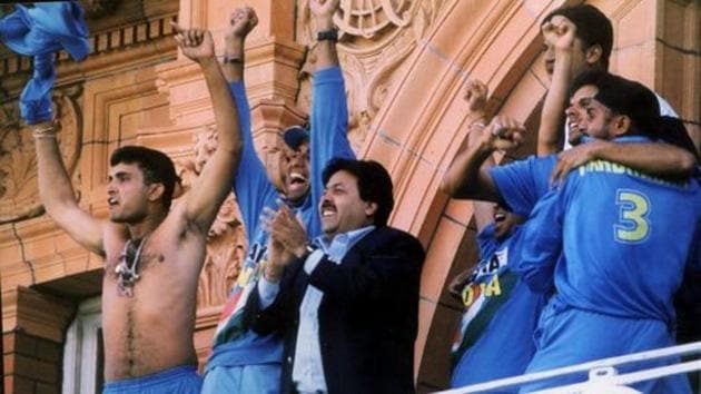 Sourav Ganguly swirls his shirt after Team India defeated England in the final match of the Natwest Trophy, at the balcony of the Lords in London, 2002. (PTI) Sourav Ganguly swirls his shirt after Team India defeated England in the final match of the Natwest Trophy, at the balcony of the Lords in London, 2002. (PTI)