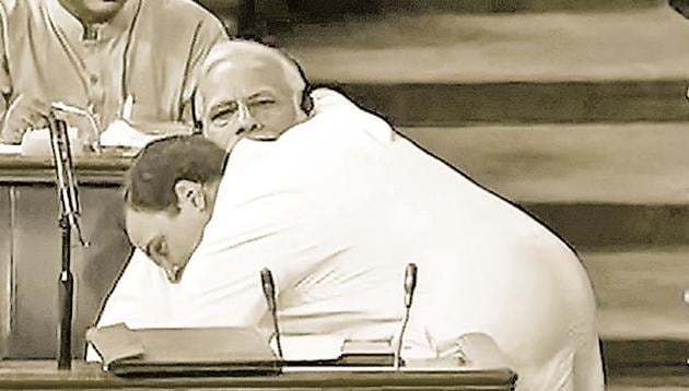 After a no-holds barred and scathing criticism of Prime Minister Narendra Modi on several issues, including the Rafale jet deal, Gandhi had walked across the well of the Lok Sabha to hug him. (PTI file phot) After a no-holds barred and scathing criticism of Prime Minister Narendra Modi on several issues, including the Rafale jet deal, Gandhi had walked across the well of the Lok Sabha to hug him. (PTI file phot)
