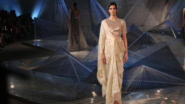 For this collection, Aggarwal explored a range of handcrafted three-dimensional linear lines in various forms and motifs. (Amal KS/HT Photo) 