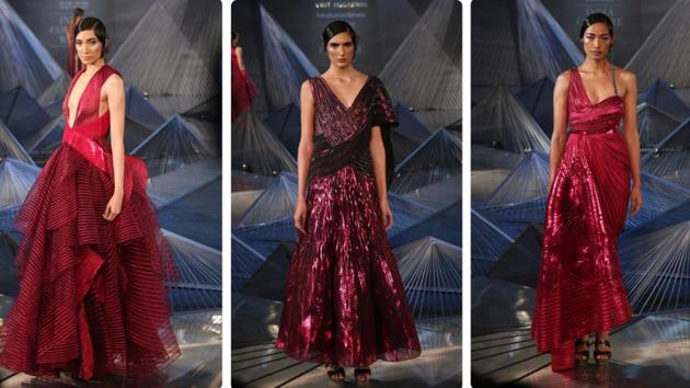 The Crystalis theme played out in a series hand-crafted dresses infused with 100% Kashmiri lace (from textile designer Tanira Sethi), shimmering beads, his signature molten polymer, metallic cords, jewel toned embellishments, laser-cut geometric embellishments, sharply cut innovative patterns. (Amal KS/HT Photo) The Crystalis theme played out in a series hand-crafted dresses infused with 100% Kashmiri lace (from textile designer Tanira Sethi), shimmering beads, his signature molten polymer, metallic cords, jewel toned embellishments, laser-cut geometric embellishments, sharply cut innovative patterns. (Amal KS/HT Photo)