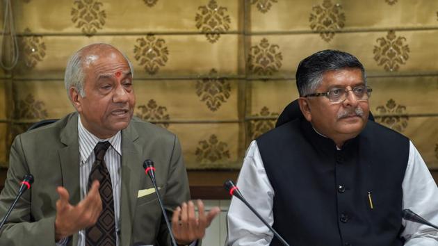 Justice B N Srikrishna addresses the media after submitting a report on 'Data Protection Framework' to law minister Ravi Shankar Prasad, in New Delhi July 27.(PTI Photo)