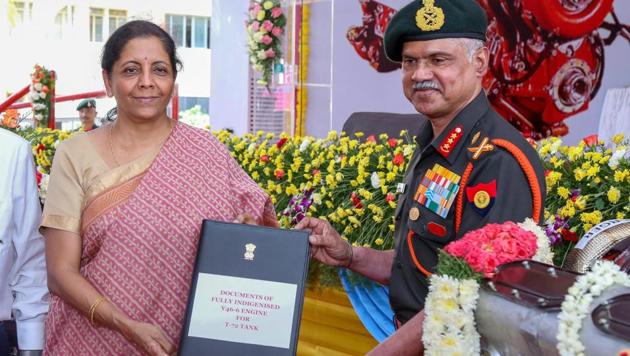 Defence minister Nirmala Sitharaman formally hands over two types of indigenously built high-power multi-fuel engines to the Indian Army, in Chennai on Saturday.(PTI)