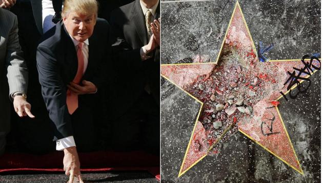 This combination photo shows Donald Trump posing at a ceremony honouring him with a star on the Hollywood Walk of Fame in Los Angeles in January 2007, and the vandalised Trump star on July 25, 2018. (AP) This combination photo shows Donald Trump posing at a ceremony honouring him with a star on the Hollywood Walk of Fame in Los Angeles in January 2007, and the vandalised Trump star on July 25, 2018. (AP)