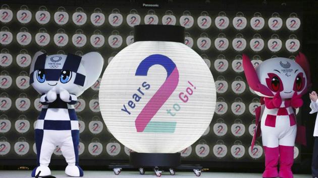 Tokyo 2020 Olympic mascot "Miraitowa," left, and Paralympic mascot "Someity" celebrate during the countdown event of Tokyo 2020. (AP) Tokyo 2020 Olympic mascot "Miraitowa," left, and Paralympic mascot "Someity" celebrate during the countdown event of Tokyo 2020. (AP)