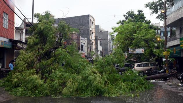 A tree was uprooted due to heavy rains at Geeta Colony in New Delhi. The Irrigation and Flood Control department of the city government has made preparations to evacuate people residing in low-lying areas. (Sonu Mehta / HT Photo) A tree was uprooted due to heavy rains at Geeta Colony in New Delhi. The Irrigation and Flood Control department of the city government has made preparations to evacuate people residing in low-lying areas. (Sonu Mehta / HT Photo)