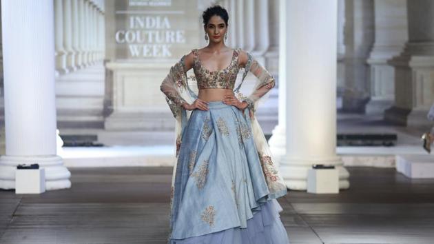 The designers’ collection was laden with ancient embroidery techniques, such as zardozi pita, floral appliqués and colourful details. (amal ks/ht photo) The designers’ collection was laden with ancient embroidery techniques, such as zardozi pita, floral appliqués and colourful details. (amal ks/ht photo)