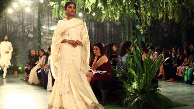 Mishra’s lehengas and anarkalis adorned with his signature 3D embroideries can be a serious standout in a sea of occasionwear dripping in sequins. (jasjeet plaha/ht photo) Mishra’s lehengas and anarkalis adorned with his signature 3D embroideries can be a serious standout in a sea of occasionwear dripping in sequins. (jasjeet plaha/ht photo)