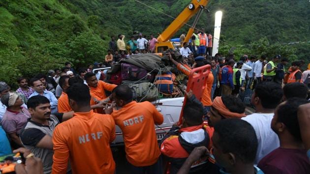 The search operation was underway at Ambenali Ghat near Poladpur town, located around 180 km from here. (Pratham Gokhale/HT Photo) 