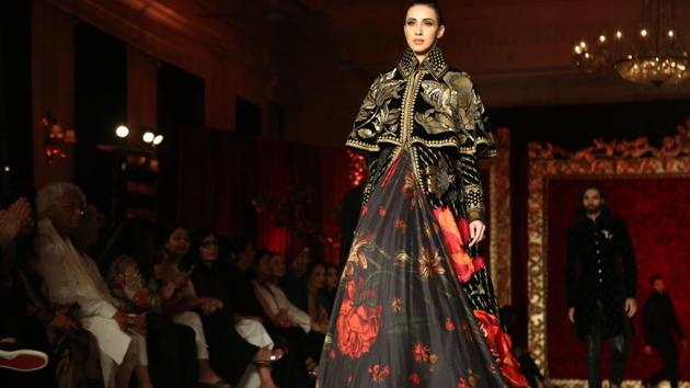 Rohit Bal, the reluctant couturier, transported us to the Mughal gardens of Kashmir with a collection that was full of flamingos, lilies, sunflowers and elephants on the last day of the India Couture Week 2018 in New Delhi on Sunday.(Amal KS/HT Photo)