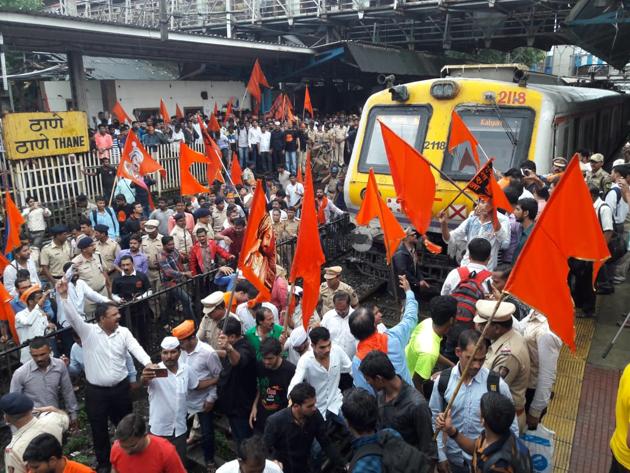 Protesters blocked trains at Thane station during the bandh last week, on July 25. (HT Photo) Protesters blocked trains at Thane station during the bandh last week, on July 25. (HT Photo)