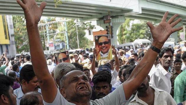 Dravida Munnetra Kazhagam (DMK) supporters outside Kauvery hospital where party chief M Karunanidhi is being treated, in Chennai on July 30, 2018. (PTI)