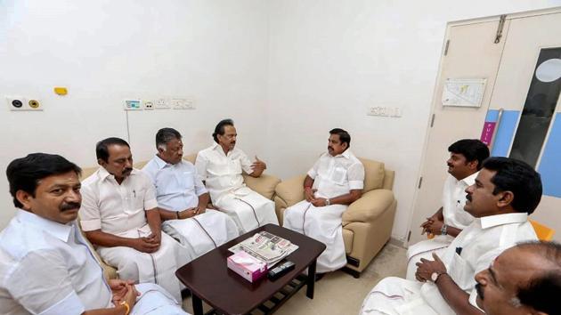 Tamil Nadu Chief minister Edappadi K Palaniswami, Deputy Chief Minister O Panneerselvam and others meet Dravida Munnetra Kazhagam (DMK) working President MK Stalin to inquire about his father and DMK Chief M Karunanidhi's health at a hospital, in Chennai. “I have just met him in Kauvery hospital, he is better and is recovering well,” Palaniswami said after meeting Karunanidhi. (PTI) Tamil Nadu Chief minister Edappadi K Palaniswami, Deputy Chief Minister O Panneerselvam and others meet Dravida Munnetra Kazhagam (DMK) working President MK Stalin to inquire about his father and DMK Chief M Karunanidhi's health at a hospital, in Chennai. “I have just met him in Kauvery hospital, he is better and is recovering well,” Palaniswami said after meeting Karunanidhi. (PTI)