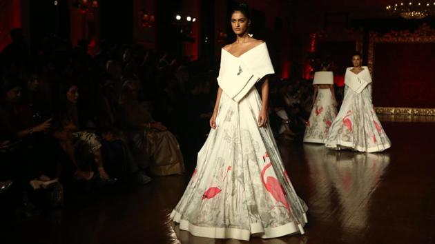 Bal blended sparkling floral and animal motifs and his hyper-feminine shapes in a palette of wintry jewel tones like ruby and red, as well as whites, greys, black, pearl and gold.  (Amal KS/HT Photo ) 