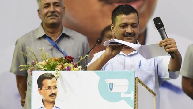 Delhi chief minister Arvind Kejriwal speaks during an interactive session with RWA's, Market Associations and general public for installation of CCTVs in the national capital at Indira Gandhi Stadium Complex in New Delhi on July 29, 2018. (Burhaan Kinu/HT PHOTO) Delhi chief minister Arvind Kejriwal speaks during an interactive session with RWA's, Market Associations and general public for installation of CCTVs in the national capital at Indira Gandhi Stadium Complex in New Delhi on July 29, 2018. (Burhaan Kinu/HT PHOTO)
