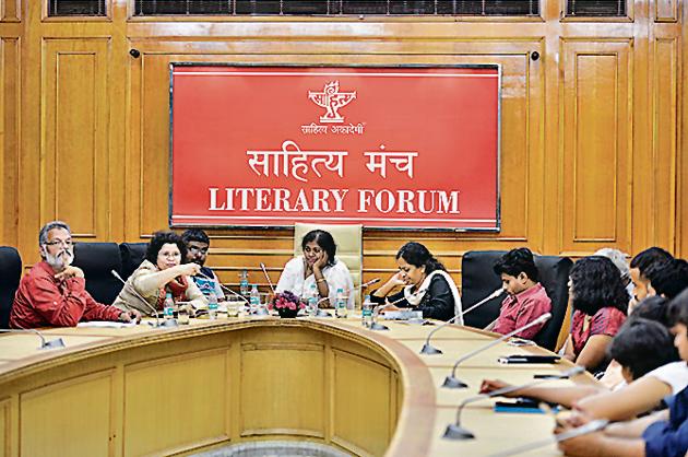 From left, poet and translator AJ Thomas, Aparna Lanjewar Bose, Chandramohan S, Cynthia Stephen, Aruna Gogulamanda and Yogesh Maitreya at the Sahitya Akademi’s first event featuring Dalit poets writing in English.(Anushree Fadnavis/Hindustan Times)