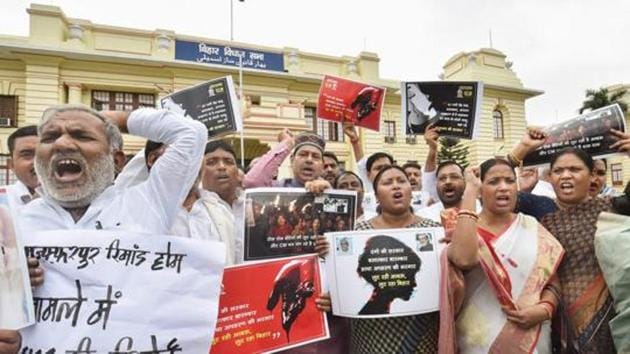Rashtriya Janata Dal, Congress and Communist Party of India legislators stage a protest against the Bihar shelter home case during the ongoing Monsoon Session, outside Bihar Assembly in Patna. (PTI File Photo) Rashtriya Janata Dal, Congress and Communist Party of India legislators stage a protest against the Bihar shelter home case during the ongoing Monsoon Session, outside Bihar Assembly in Patna. (PTI File Photo)