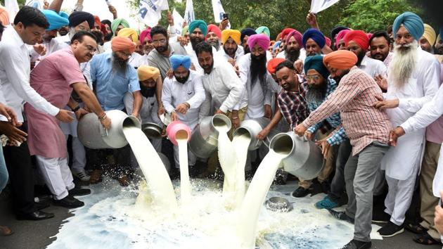 Progressive Dairy Farmers Association (PDFA) activists spill milk on a road during a protest demanding reduction in GST on dairy farming equipments, increased export subsidy on milk powder and financial support to dairy farmers to keep the milk purchase price stable and profitable, at Parliament street in New Delhi on Tuesday. (Mohd Zakir / HT Photo) Progressive Dairy Farmers Association (PDFA) activists spill milk on a road during a protest demanding reduction in GST on dairy farming equipments, increased export subsidy on milk powder and financial support to dairy farmers to keep the milk purchase price stable and profitable, at Parliament street in New Delhi on Tuesday. (Mohd Zakir / HT Photo)