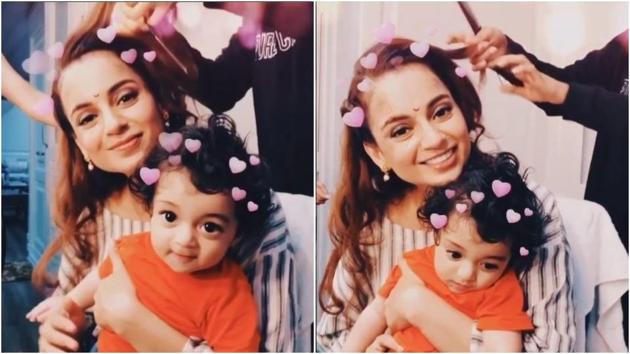 Kangana Ranaut poses with her nephew on the sets of Manikarnika.(Instagram) Kangana Ranaut poses with her nephew on the sets of Manikarnika.(Instagram)