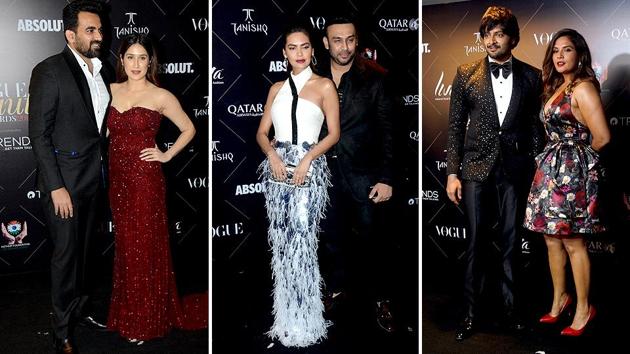 Former cricketer Zaheer Khan with his actress wife Sagarika Ghatge, actress Esha Gupta with designer Nikhil Thampi and actors Ali Fazal with Richa Chadha. (IANS) Former cricketer Zaheer Khan with his actress wife Sagarika Ghatge, actress Esha Gupta with designer Nikhil Thampi and actors Ali Fazal with Richa Chadha. (IANS)