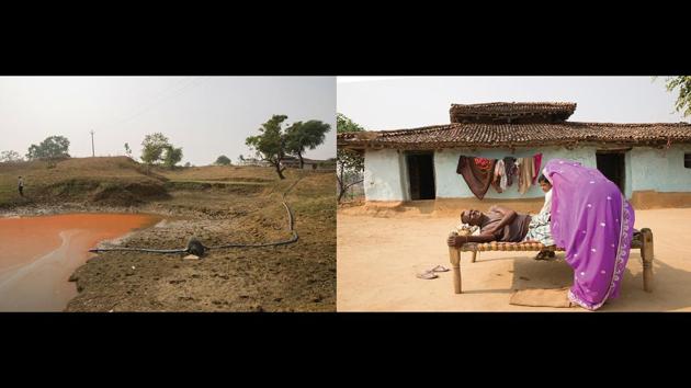 Left: Red lake, Pipragaon Nayi Basti, Right: Vijay Kumar Sharma, a resident there. The red, stagnant lake at Pipragaon Nayi Basti, 20 kms from the Obra Thermal Power Plant, tested positive for pollutants with far higher-than-permissible limits. Lying in the direct direction of the wind blowing from the plant, the lake stands testimony to the continual passage of arsenic, mercury and fluoride in the air. For bedridden patients of the Basti like Vijay Kumar and Vindhyanchal, hope too lies forgotten. (Ruhani Kaur)