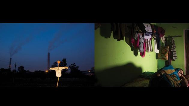 Left: Anpara Thermal Power Plant, Right: Rajkumar Devi. Living next to three smoky chimneys of the Anpara Thermal Power Plant,50-year-old Rajkumar Devi connects the dots that led her to her ills. “See, I got blood cancer right from the time the plant started coming up. I spend Rs. 9000 for 30 tablets from PGI every month.” (Ruhani Kaur)