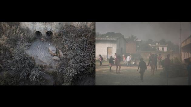 Left: Ash near Jayant Mines, Right: Government school, Anpara. The day starts for the government school beside Rajkumar Devi’s house with a thorough sweep and sprinkle, but the black soot remains settled deep within the cracks of the floors. In summer, the coal-dust storms often turn day into night, even as the teachers and children tie their scarves tightly around their faces while singing the national anthem. (Ruhani Kaur)