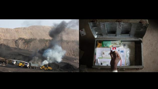 Left: Jayant Open Cast Mines, Right: A picture of Raju, who died of a stomach ailment in Gariya. Jagat Narayan Viswakarma, a petitioner in the National Green Tribunal's case in 2013 against the Union Government of India for pollution in the area, estimates that about 500 deaths occur every year here. Rarely, though, if ever, is the cause of death ascribed to heavy metal contamination. (Ruhani Kaur)