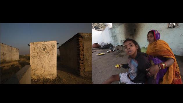 Left: A mural, Amroli Reliance Rehabilitation Colony, Right: A mine labourer’s daughter with a mental disability, Chilkadand. A study conducted in 2012 by Delhi’s Centre for Science and Environment (CSE) confirmed that fluoride, mercury and arsenic were all higher than the permissible limits in most water, soil and fish samples tested. It also revealed that over 84% of the blood samples of the local population contained mercury above the safe level. (Ruhani Kaur)