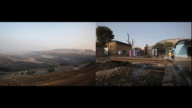 Left: An overview of Jayant Mines, Right: Vimlesh Sawhney, Chilkadand. “Burnt coal emits so much gas, sometimes it feels like my body itself will catch fire. When the dump spills into our cabin, the glass breaks and our heads get smashed. After some basic first-aid, the company just asks us to go. After sucking our blood, the company says go, you are of no use to us now” — Vimlesh Sawhney, 40, open-cast mine driver, Chilkadand. (Ruhani Kaur)