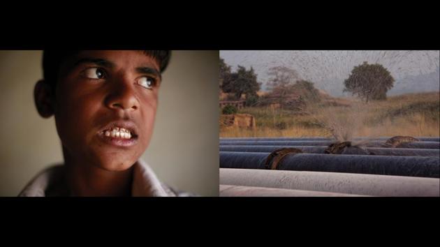 Left: Vishal, 8, fluoride patient, Bichhi, Gariya, Right: Ash pipeline leak. Ash slurry from the Belvadah Ash pond, disposed of by NTPC Shaktinagar and Vidhyachal Thermal Power Plants, overflows into the Rihand dam. Even the committee constituted to look into the NGT case, chaired by AB Akolkar, Member Secretary of the Central Pollution Control Board (CPCB), shared its concern over the contamination of the Rihand river - the main water source there. (Ruhani Kaur)