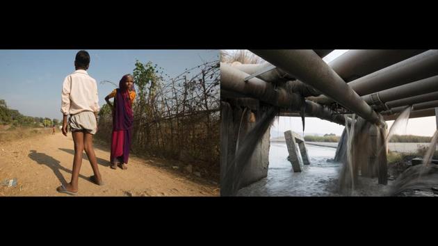 Left: Laleram Yadav’s wife and son, Right: Ash slurry. “We realize that this is all happening due to water - it is the fluoride that is polluting us. They tell us not to drink from the well, not to drink from the hand pump. So where should we drink water from? My whole family, our two kids have become handicapped. Our bodies have no life, no strength, no power at all” — Laleram Yadav, Gariah, 10 kms away from the Anpara Thermal Power Plant. (Ruhani Kaur)
