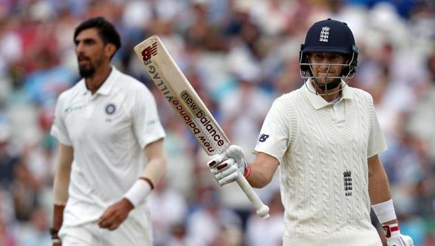England's Joe Root (R) celebrates his half-century on the first day of the first Test cricket match between England and India at Edgbaston in Birmingham, central England on August 1, 2018. (AFP) England's Joe Root (R) celebrates his half-century on the first day of the first Test cricket match between England and India at Edgbaston in Birmingham, central England on August 1, 2018. (AFP)