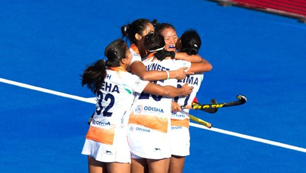 Lalremsiami of India celebrates with team mates after scoring the opening goal during the cross-over game between Italy and India of the FIH Womens Hockey World Cup at Lee Valley Hockey and Tennis Centre on July 31, 2018 in London, England.(Getty Images)