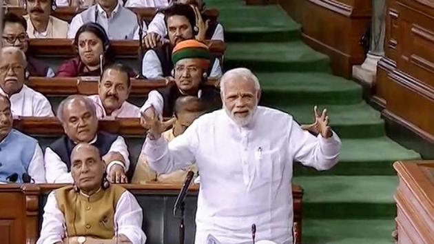 Prime Minister Narendra Modi speaks in the Lok Sabha on 'no-confidence motion' during the Monsoon Session of Parliament, in New Delhi on Friday, July 20, 2018. (PTI File Photo) Prime Minister Narendra Modi speaks in the Lok Sabha on 'no-confidence motion' during the Monsoon Session of Parliament, in New Delhi on Friday, July 20, 2018. (PTI File Photo)